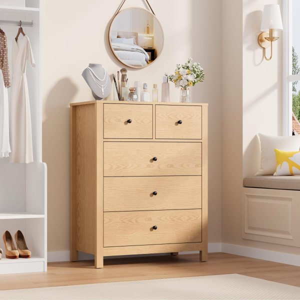 Garvee Natural Oak Dresser for Bedroom Tall 5 Drawer Dresser with Deep Drawers and Metal Knobs Modern Wooden Double Chests of Drawers for Kids