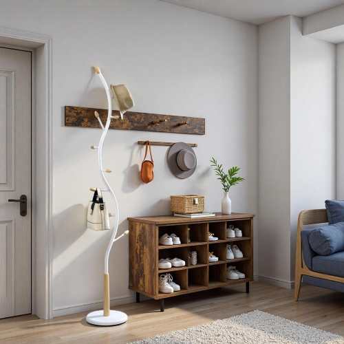 GlasFlength Coat Hanger Metal and Oak Freestanding Standing Coat Rack with 9 Hooks for Entryway Bedroom or Living Room White one_size | LW-CR-782