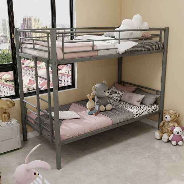 LUXEYARD Twin Over Twin Metal Bunk Bed for Kids Boys Girls Metal Structure Bedframe with Ladders and Guardrail Convertible 2 Beds No Spring Box