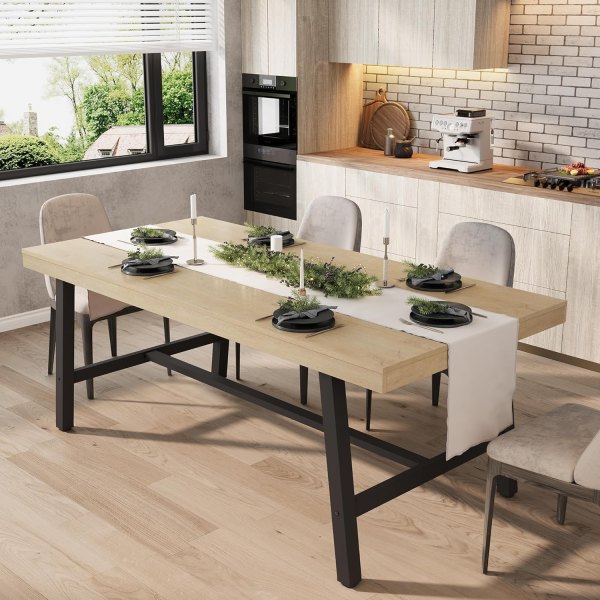 Garvee Industrial Dining Table for 6-8 People Long Wooden Kitchen Table with Sturdy Metal Frame Natural Finish Seats 6 Rectangular