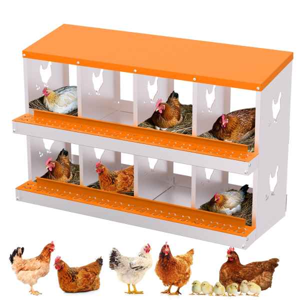 Garvee Galvanized Metal Chicken Nesting Box - 8 Compartments Roll Away Egg System with Perch and Lid Rustproof Ventilated Easy Install - Orange 8