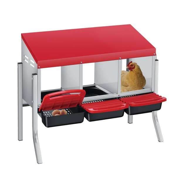 Garvee Chicken Nesting Boxes 3 Hole Metal Wall Mount Roll Away Nest with Removable Trays and Roll Out Egg Collection for Chicken Coop - Red 3 Hole
