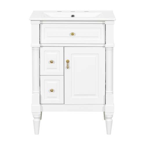 Vanityfus 24-in Bathroom Vanity White Single Sink Combo with Ceramic Top 1 Door 3 Drawers Adjustable Shelves one_size | VF-BY-6058K