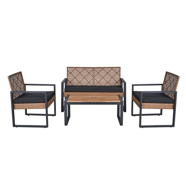 LUXEYARD 4 Piece Patio Furniture Set Outdoor Balcony Porch Garden Backyard Lawn Furniture Acacia Wood Table Top Morden Black and Light Brown