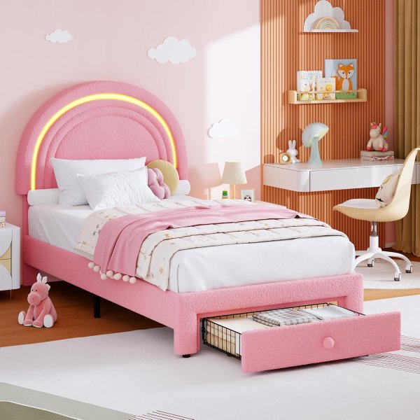 GAOMON Twin Upholstered LED Bed Frame - with Storage Drawer and Rainbow Headboard Berber Fleece Princess Platform Bed for Kids Solid Wood Slats