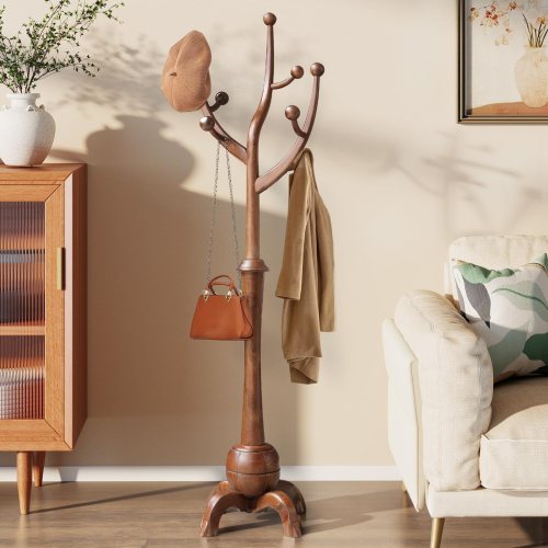 OMOMMD Wooden Coat Rack Freestanding 8 Hooks Tree Design Solid Rubberwood Heavy Duty Entryway Hallway Bedroom Walnut one_size in Brown | 5749848661794