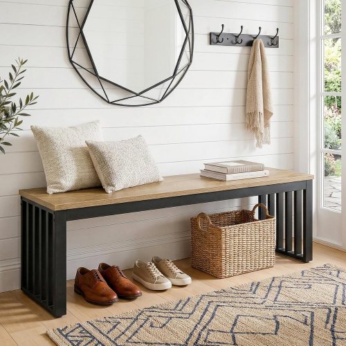 Tribesigns Industrial Brown and Black Entryway Bench with Sturdy Metal Frame 47.2 W x 17.7 H x 13.8 D one_size | LWOYJL-0828YY
