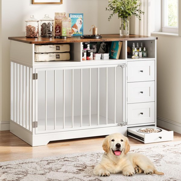 IdealHouse 48 FT FT Dog Crate Furniture Farmhouse Heavy Duty Dog Kennel with Bowl and Storage Drawers Medium Dog Cage End Table for Small Medium Dogs