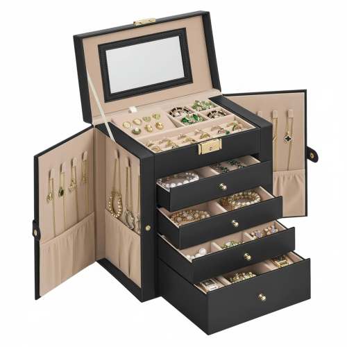 Baginizer 6-Layer Jewelry Organizer with 4 Necklace Hooks Inner Mirror Lock Large Capacity Storage Case for Necklaces Watches Fancy Gift for Loved