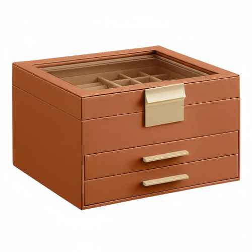 Baginizer 3 Layer Storage Box Organizer with 2 Drawers Shiny Metal Hardware Clear Glass Lid Modern Jewelry Organizer for Accessories