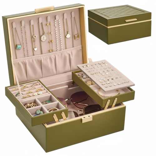 Baginizer 2 Layer Jewelry Organizer Box Foldable Expandable PU Leather with Soft Lining for Necklaces Earrings Rings Bracelets Aesthetic Room Decor