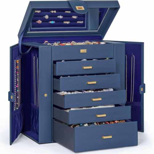 Baginizer Extra Large Jewelry Organizer Box with Mirror 6 Drawers 2 Side Cabinets for Rings Necklaces Earrings Bracelets Leather