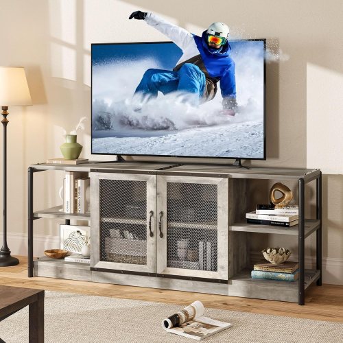 IdealHouse 63-inch Tv Console with 2 Open Shelves and 2 Mesh Doors Industrial Style Design Media Center Multimedia Media Console Table for Living