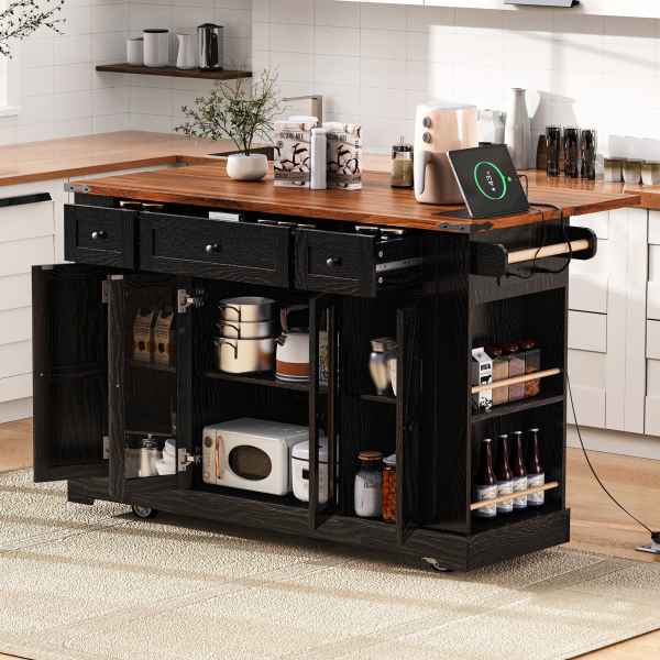 LOVMOR Black MDF Base Wood Grain Top Kitchen Islands 29.5in x 53in x 36in Farmhouse Design Drop Leaf 3 Drawers 5 Open Side Racks one_size
