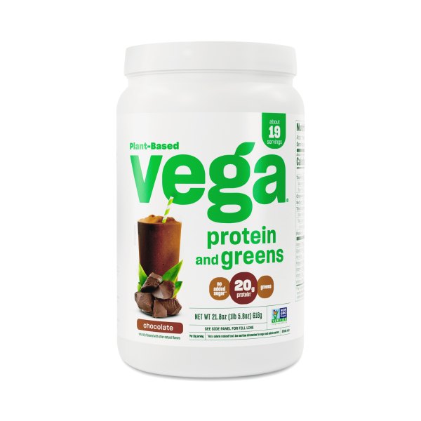 Vega Plant-Based Protein Powder and Greens, Chocolate 21.8 oz tub