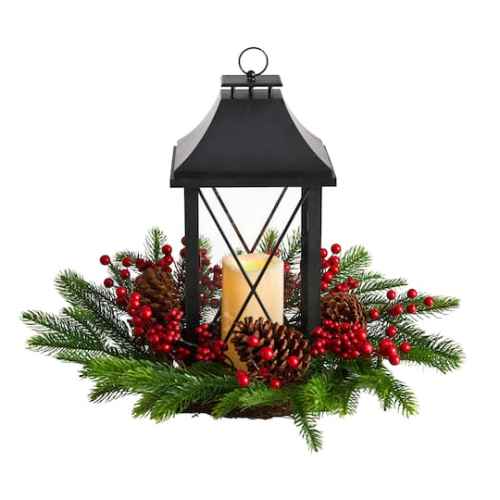 16 Christmas Berries, Pinecones & Greenery with Lantern & LED Candle Artificial Table Arrangement By Nearly Natural , 16 x 16 x 15 , Michaels