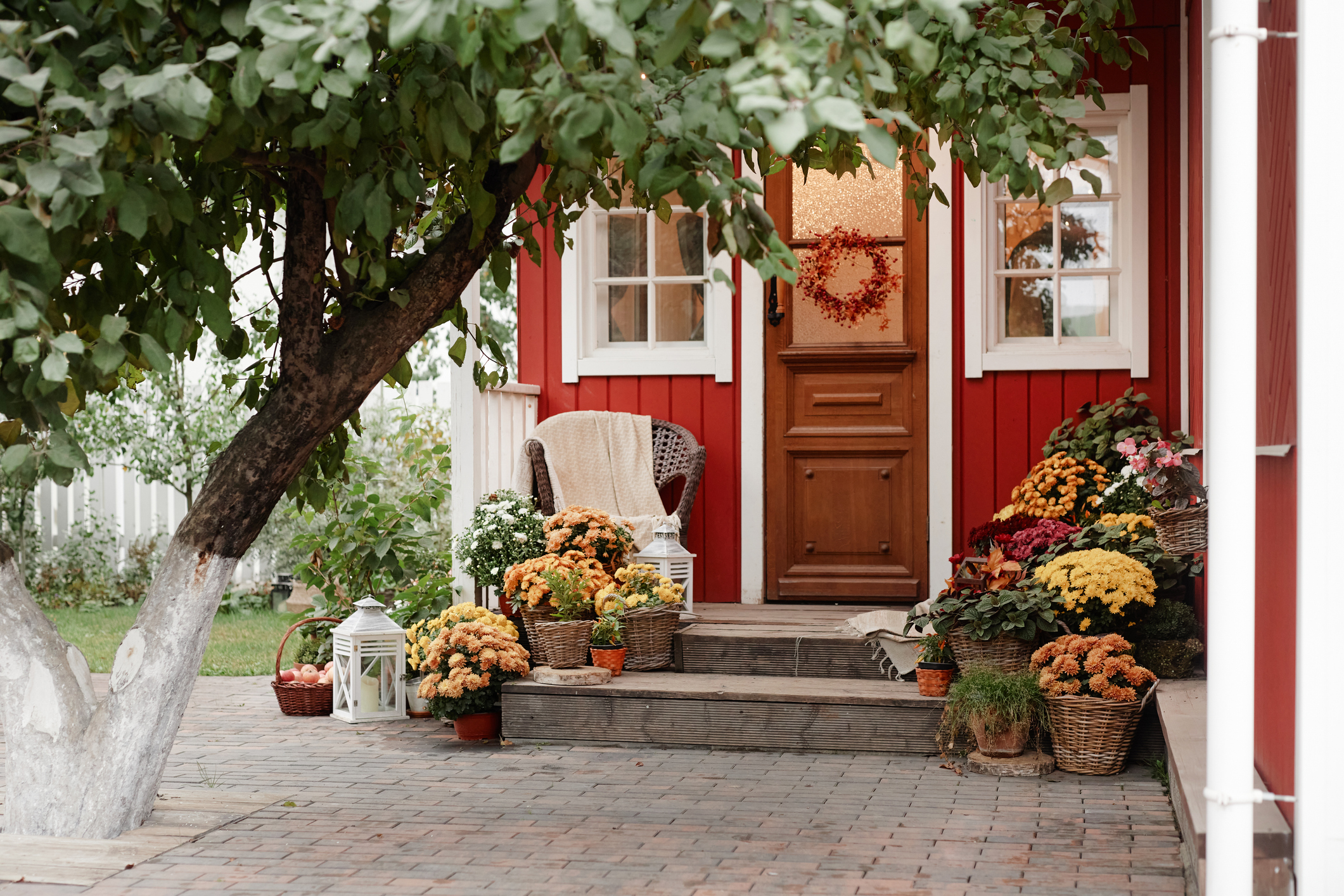 Front porch of village house decorated with potted flowers and wicker chair, tree branches framing entrance, autumn plants arranged on wooden steps, rural outdoor setting