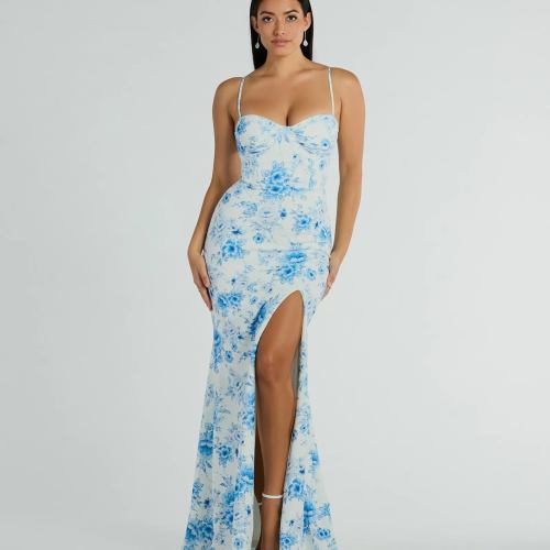 Elia High Slit Floral Crepe Mermaid Dress