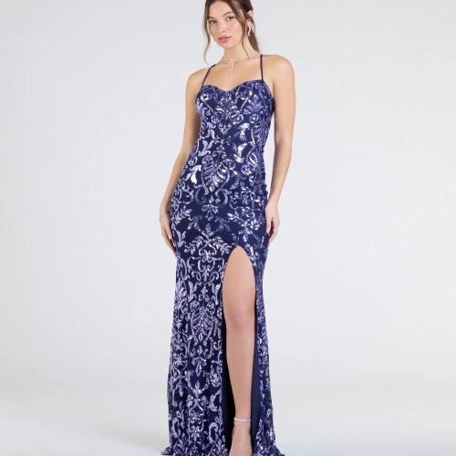 Mariah Lace-Up Slit Sequin Formal Dress
