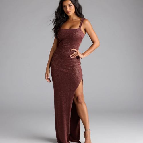 Brittney Lace-Up Slit Bodycon Glitter Formal Dress
