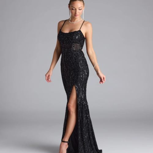 Meghan Lace-Up Corset Sequin Bead Formal Dress