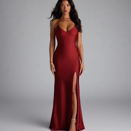 Becky V-Neck Tie-Back Slit Mermaid Dress