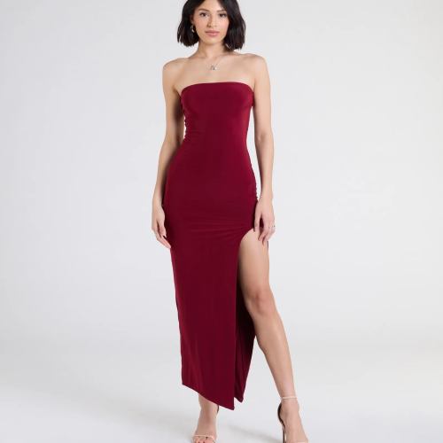 Sleek Fit Strapless High Slit Maxi Dress