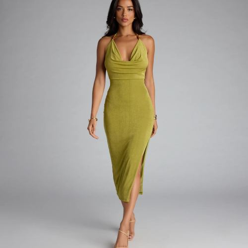 Chic Paradise Halter Open Back Slit Midi Dress