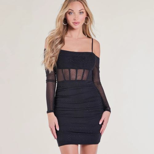 Hit The Town Off-The-Shoulder Rhinestone Mesh Mini Dress