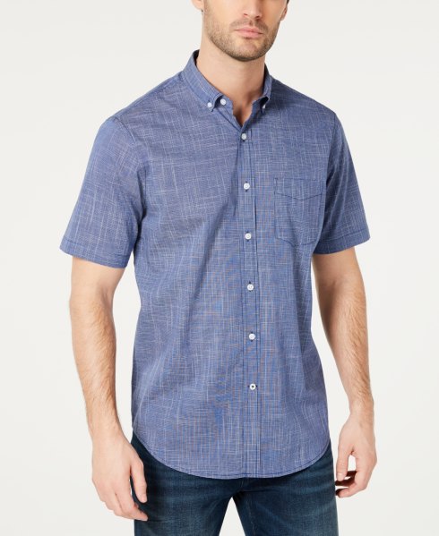 Club Room Mens Texture Check Stretch Cotton Shirt, Created for Macys - Navy Stone