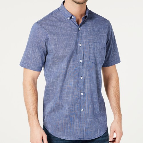 Club Room Mens Texture Check Stretch Cotton Shirt, Created for Macys – Navy Stone