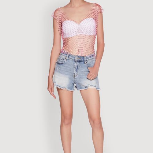 Womens Trendy Rhinestone Fishnet V Neck Crop Top, Pink