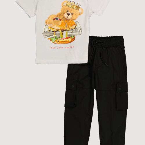 Little Boys Feed Your Hunger Bear Tee and Cargo Joggers, White