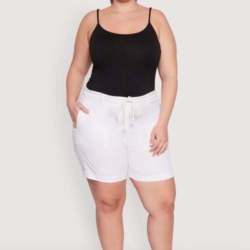 Womens Plus Size Rope Belted Shorts, White, Size 2X