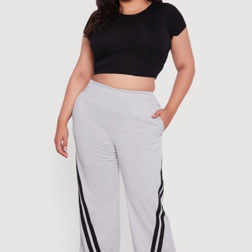 Womens Plus Size Fleece Lined Varsity Striped Sweatpants, Grey, Size 2X