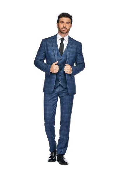 Slim Fit 3PC Check Mens Suit blue
