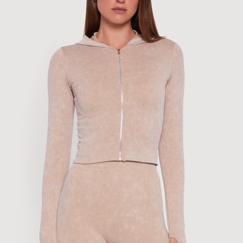 Womens Acid Wash Ribbed Knit Hoodie with Thumb Holes, Beige