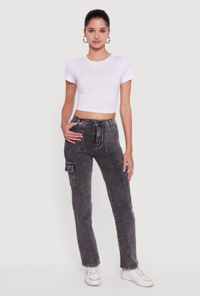 Womens High Waisted Straight Leg Acid Wash Jeans, Grey, Size 1-2