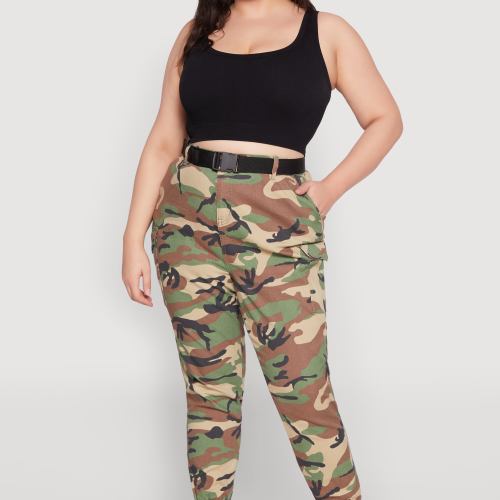 Womens Plus Size Almost Famous Belted Camouflage Cargo Joggers, Green