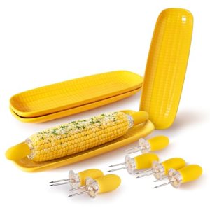 3D Embossed Corn on the Cob Dishes, Set of 4 with 8 Corn Cob Holders