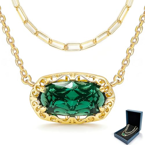 Aimétte Monette May Emerald Green Birthstone Necklace for Women Trendy 18K Gold Plated Paperclip Necklace Sturdy Layered Necklaces for Women Fashion Jewelry Mothers Day Gift for Her