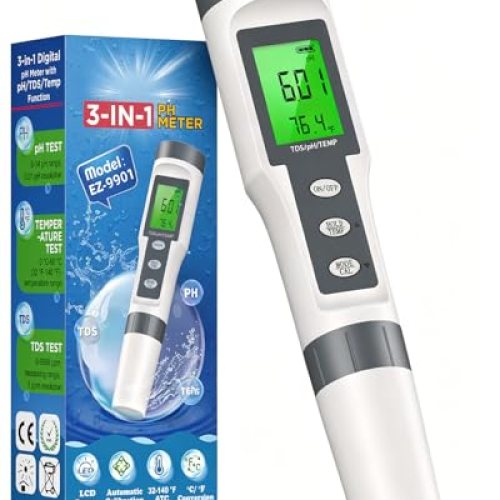 pH Meter, Digital 3-in-1 for Drinking Water, Aquarium, Pool, Hydroponics, Hot Tub, Garden, Wine, Lab