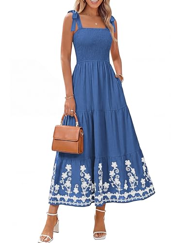 Boho Dress, Smocked, Spaghetti Strap, Embroidery