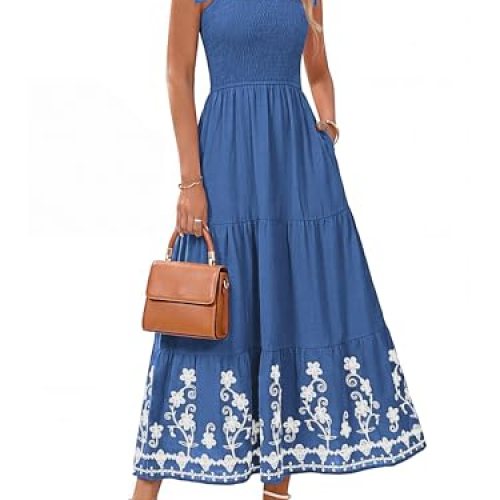 Boho Dress, Smocked, Spaghetti Strap, Embroidery