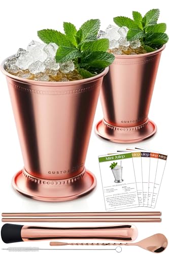 Mint Julep Cups Set of 2 – Stainless Steel Julep Cup Kit with Straws, Muddler, Spoon, Recipes, Vases