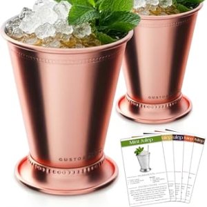 Mint Julep Cups Set of 2 – Stainless Steel Julep Cup Kit with Straws, Muddler, Spoon, Recipes, Vases