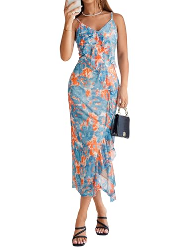 Simplee Women Floral Ruffle Bodycon Maxi Dress 2026 Summer Spaghetti Strap V Neck Mesh Slit Wedding Guest Beach Party Dresses Floral Blue Orange XL