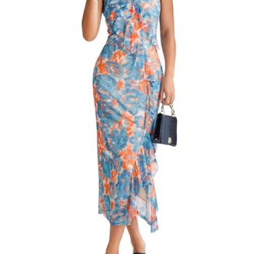 Simplee Women Floral Ruffle Bodycon Maxi Dress 2026 Summer Spaghetti Strap V Neck Mesh Slit Wedding Guest Beach Party Dresses Floral Blue Orange XL