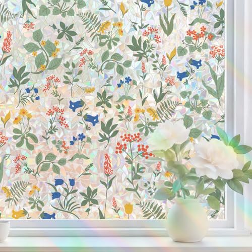 Window Privacy Film, Stained Glass Window Film (Apricot&Blue, 17.7″×78.7″)