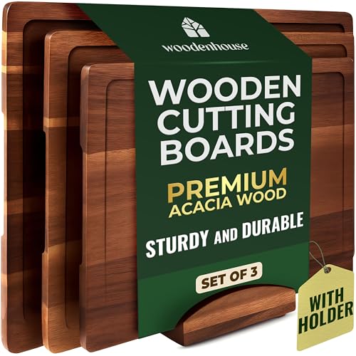 Acacia Wood Cutting Board Set of 3 with Holder
